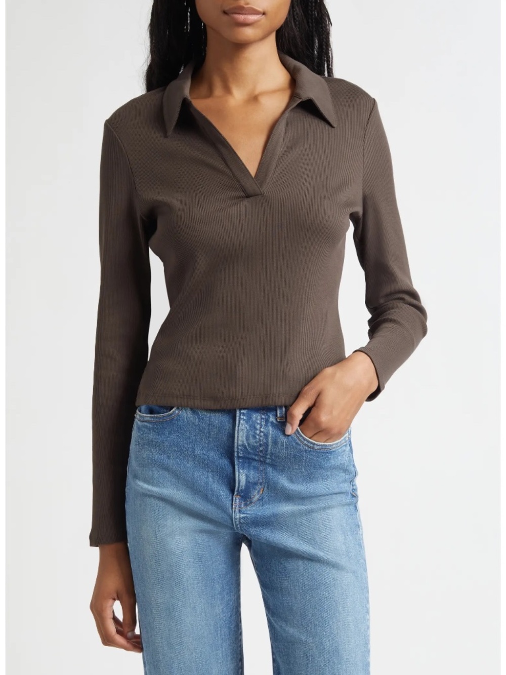 Veronica Beard Kearney Rib Stretch Knit Brown Umber Long Sleeve Polo Top Sz. S
